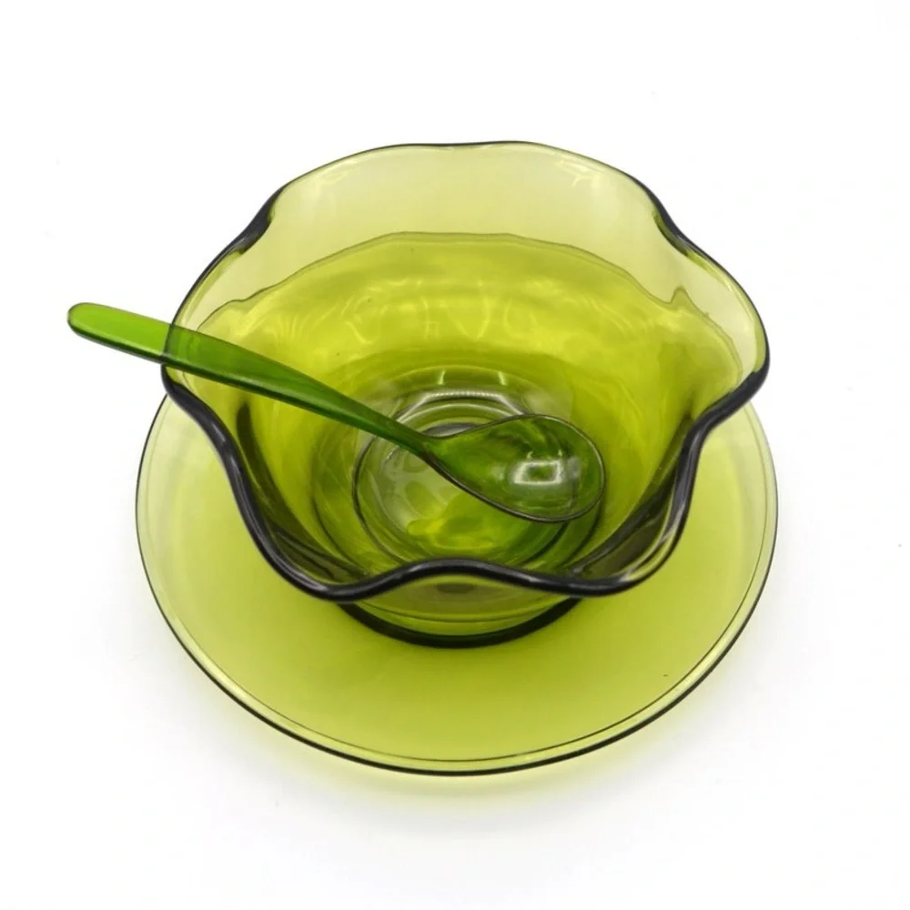 Vintage 70s Green Glass Bowl Plate Serving Spoon Set 1970s Fluted Ribbon Rim MCM